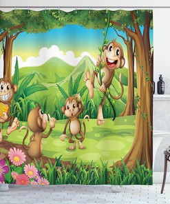 Ambesonne Tropical Shower Curtain With Digital Dot Featured Fun Monkey Face Portrait, Brown Tan Bathroom Decor