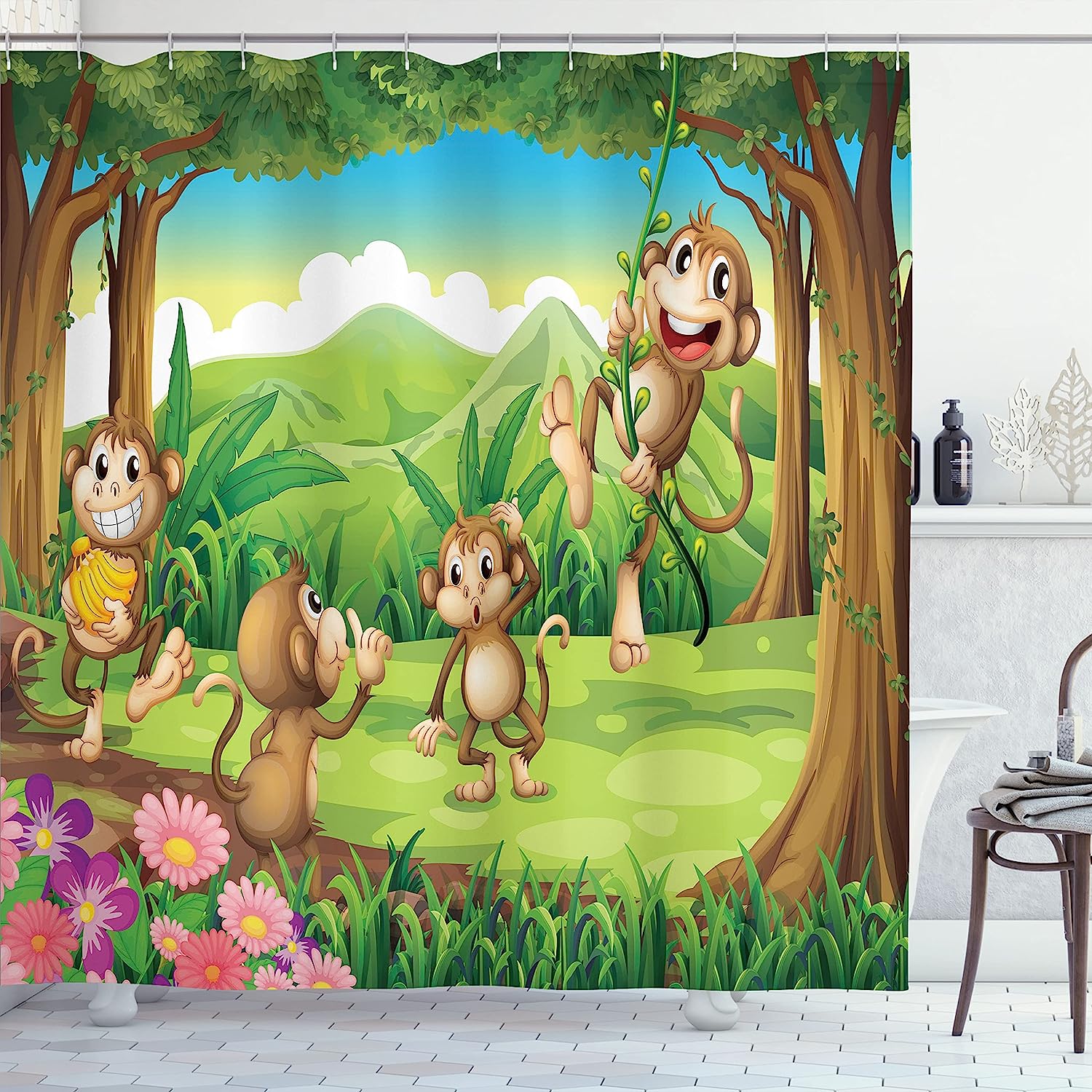 Ambesonne Tropical Shower Curtain With Digital Dot Featured Fun Monkey Face Portrait, Brown Tan Bathroom Decor