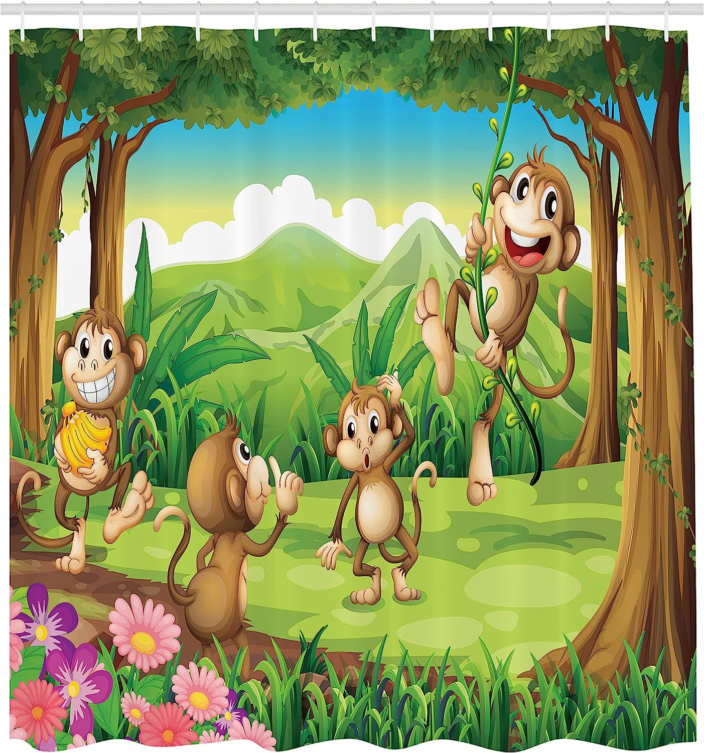 Ambesonne Tropical Shower Curtain With Digital Dot Featured Fun Monkey Face Portrait, Brown Tan Bathroom Decor - Image 2