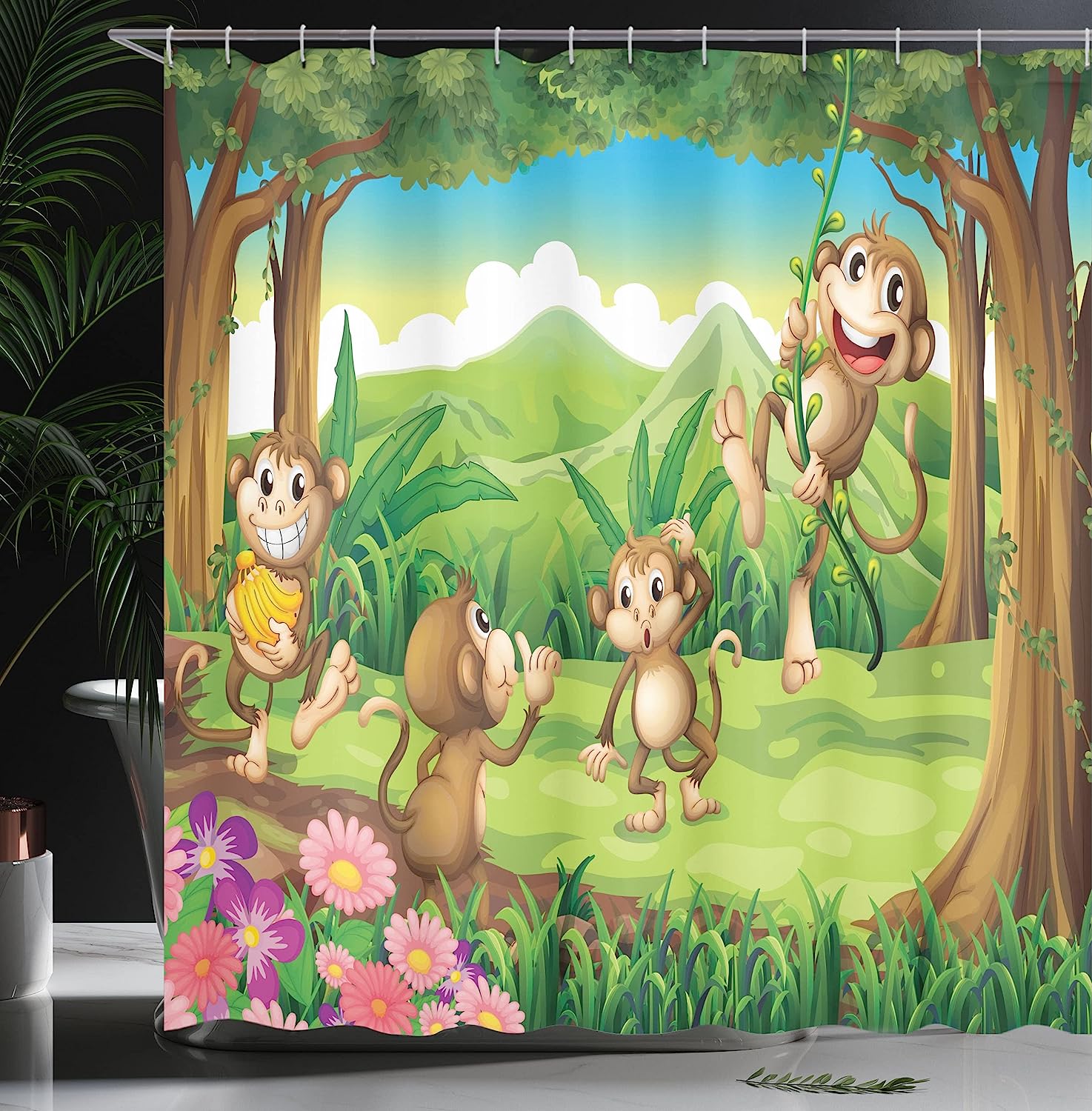 Ambesonne Tropical Shower Curtain With Digital Dot Featured Fun Monkey Face Portrait, Brown Tan Bathroom Decor - Image 3
