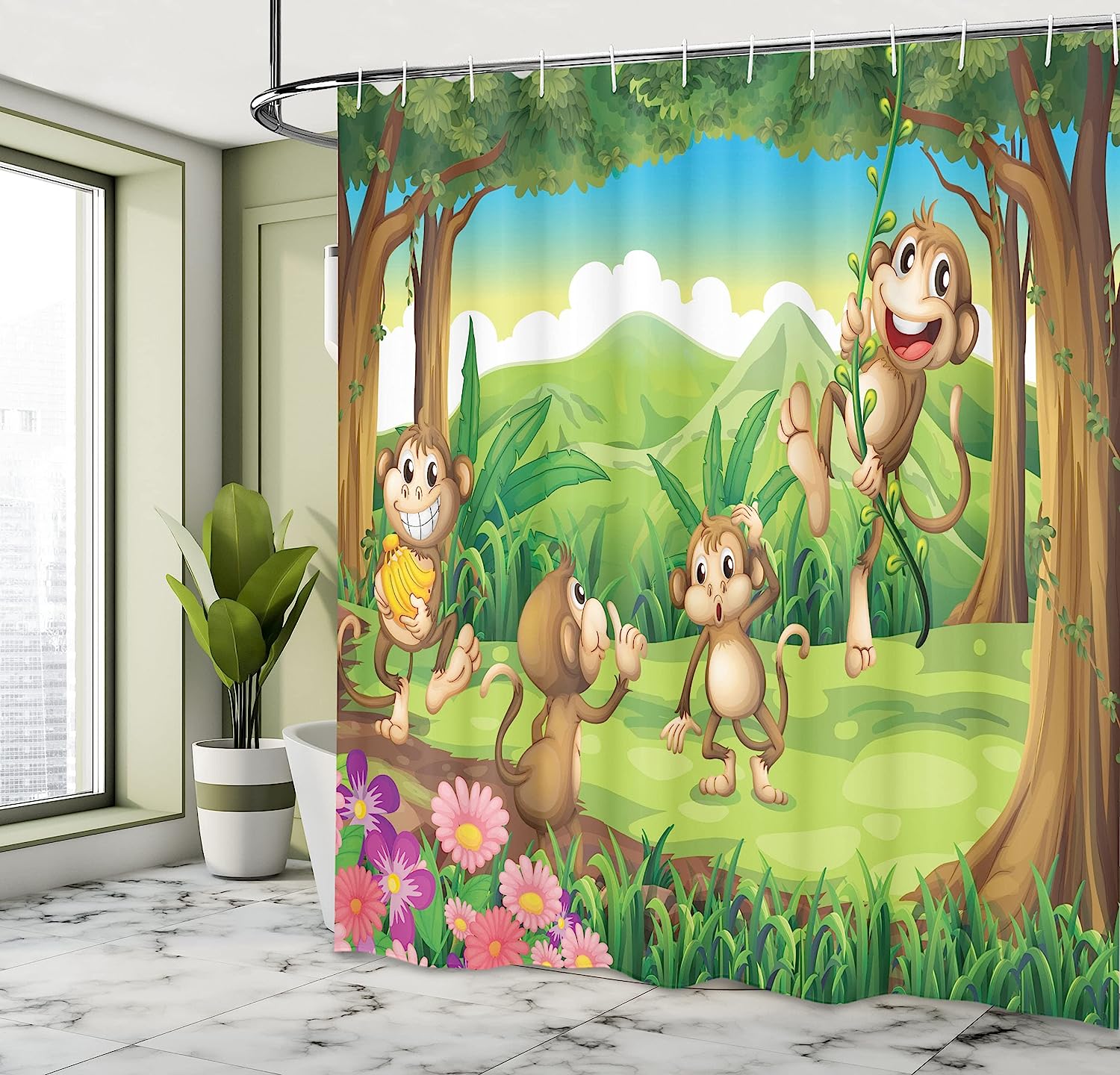 Ambesonne Tropical Shower Curtain With Digital Dot Featured Fun Monkey Face Portrait, Brown Tan Bathroom Decor - Image 4