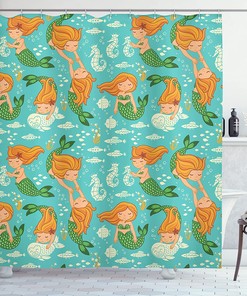 Ambesonne Underwater World Shower Curtain With Little Mermaid Girls Friends Seahorse Fish Shells