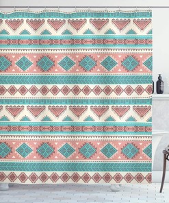 Ambesonne Vintage Native Design Shower Curtain With Geometric Triangles Print, Cream Aqua Peach Bathroom Decors