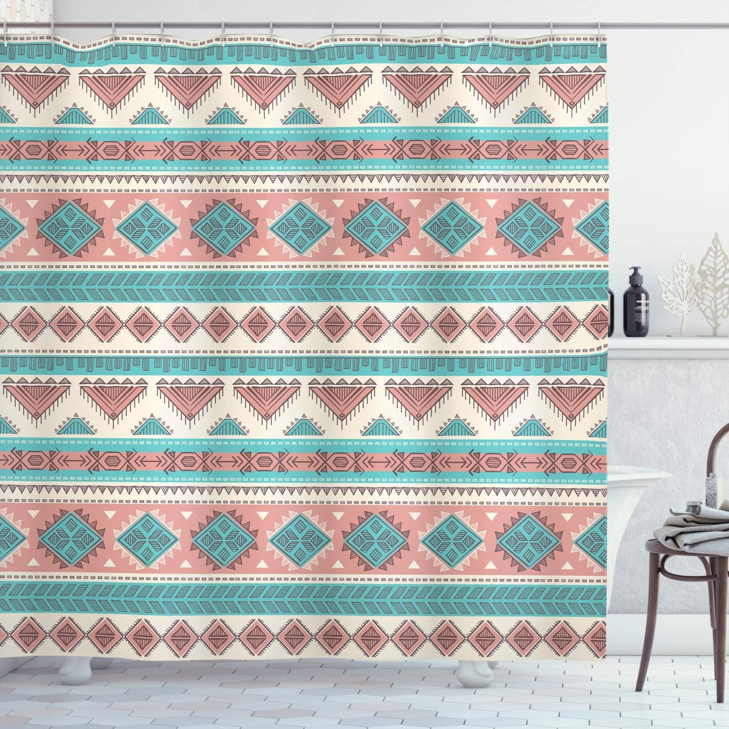 Ambesonne Vintage Native Design Shower Curtain With Geometric Triangles Print, Cream Aqua Peach Bathroom Decors