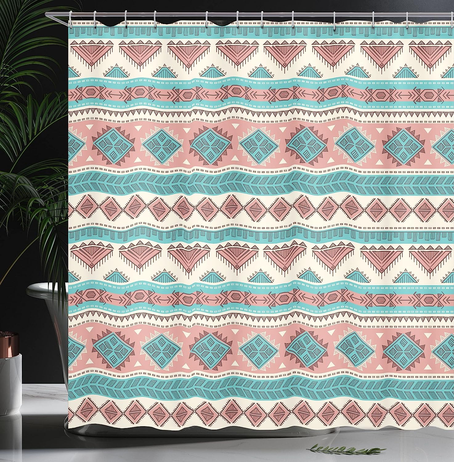 Ambesonne Vintage Native Design Shower Curtain With Geometric Triangles Print, Cream Aqua Peach Bathroom Decors - Image 3