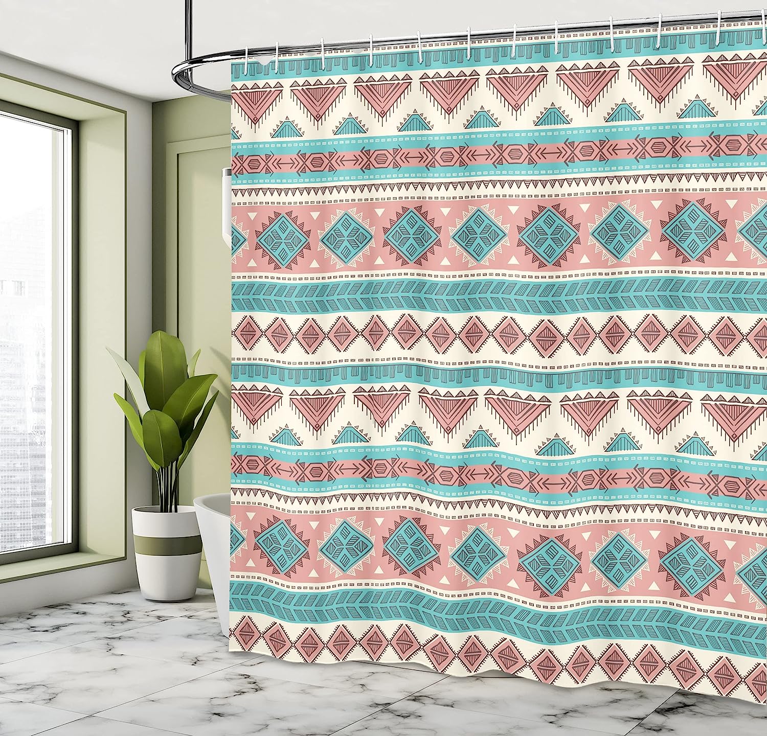 Ambesonne Vintage Native Design Shower Curtain With Geometric Triangles Print, Cream Aqua Peach Bathroom Decors - Image 4