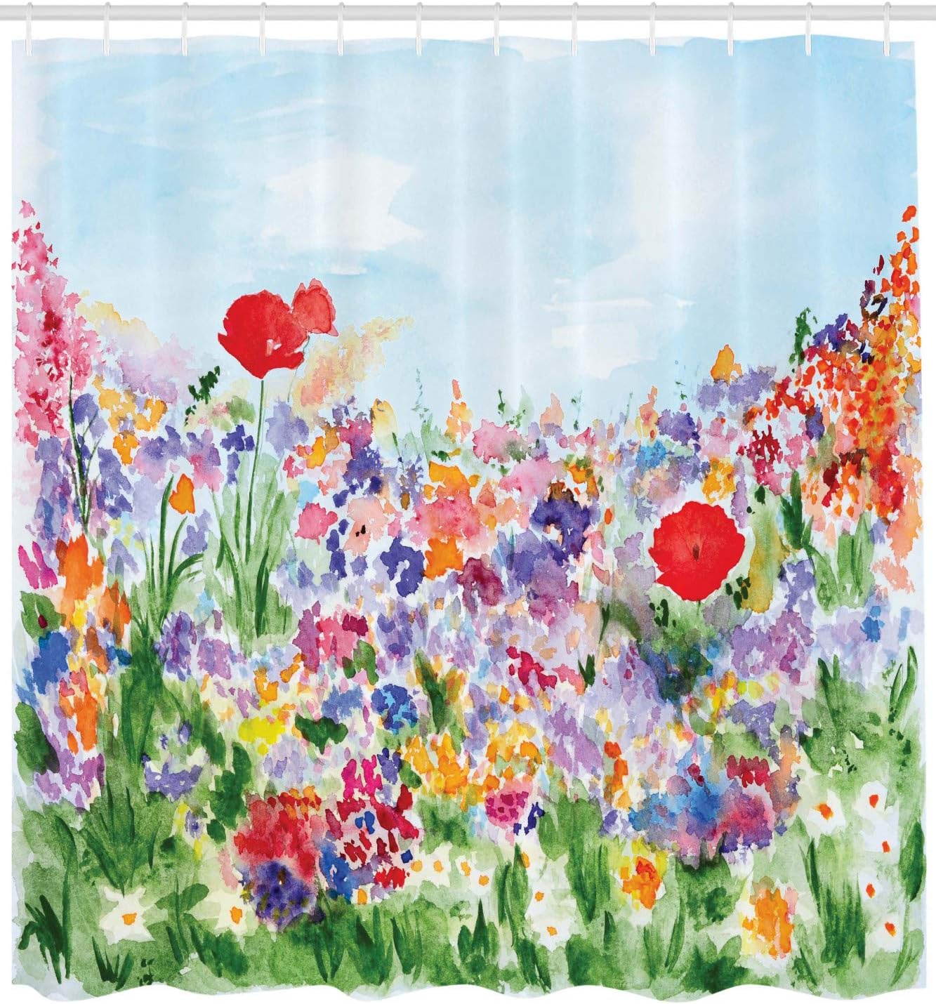 Ambesonne Watercolor Flower Shower Curtain With Floral Summer Garden Grass And Blooms Love Illustration - Image 2