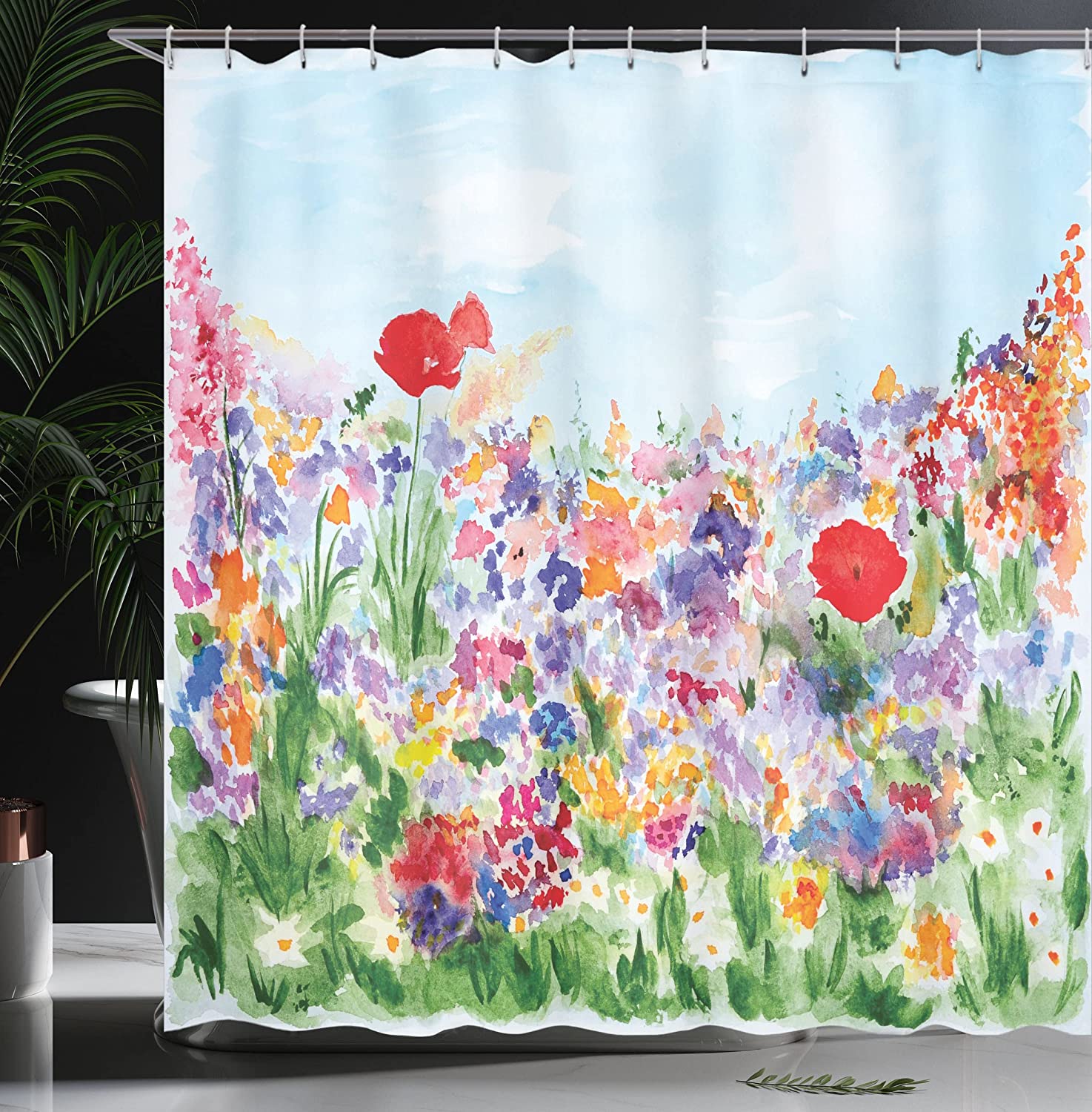 Ambesonne Watercolor Flower Shower Curtain With Floral Summer Garden Grass And Blooms Love Illustration - Image 3