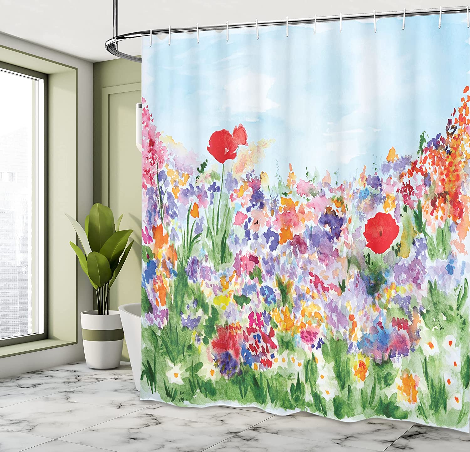 Ambesonne Watercolor Flower Shower Curtain With Floral Summer Garden Grass And Blooms Love Illustration - Image 4