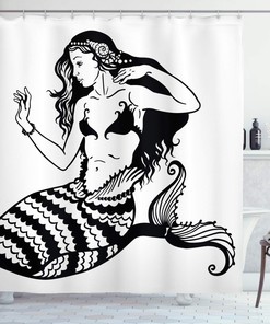 Ambesonne Young Girl Fish Tail Monochrome Shower Curtain With Mermaid Mythological Classic Style Art Bathroom Decors