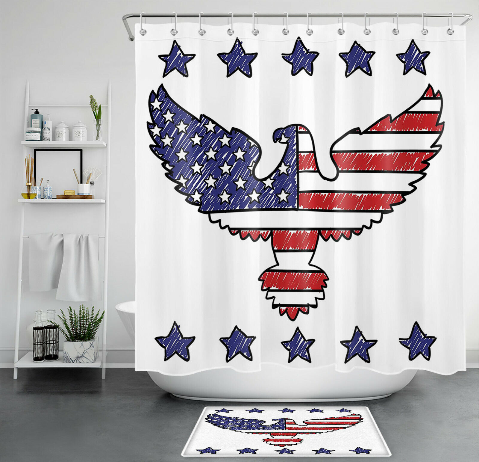 American Bald Eagle Blue Red Stars Stripe Bathroom Accessory Shower Curtain