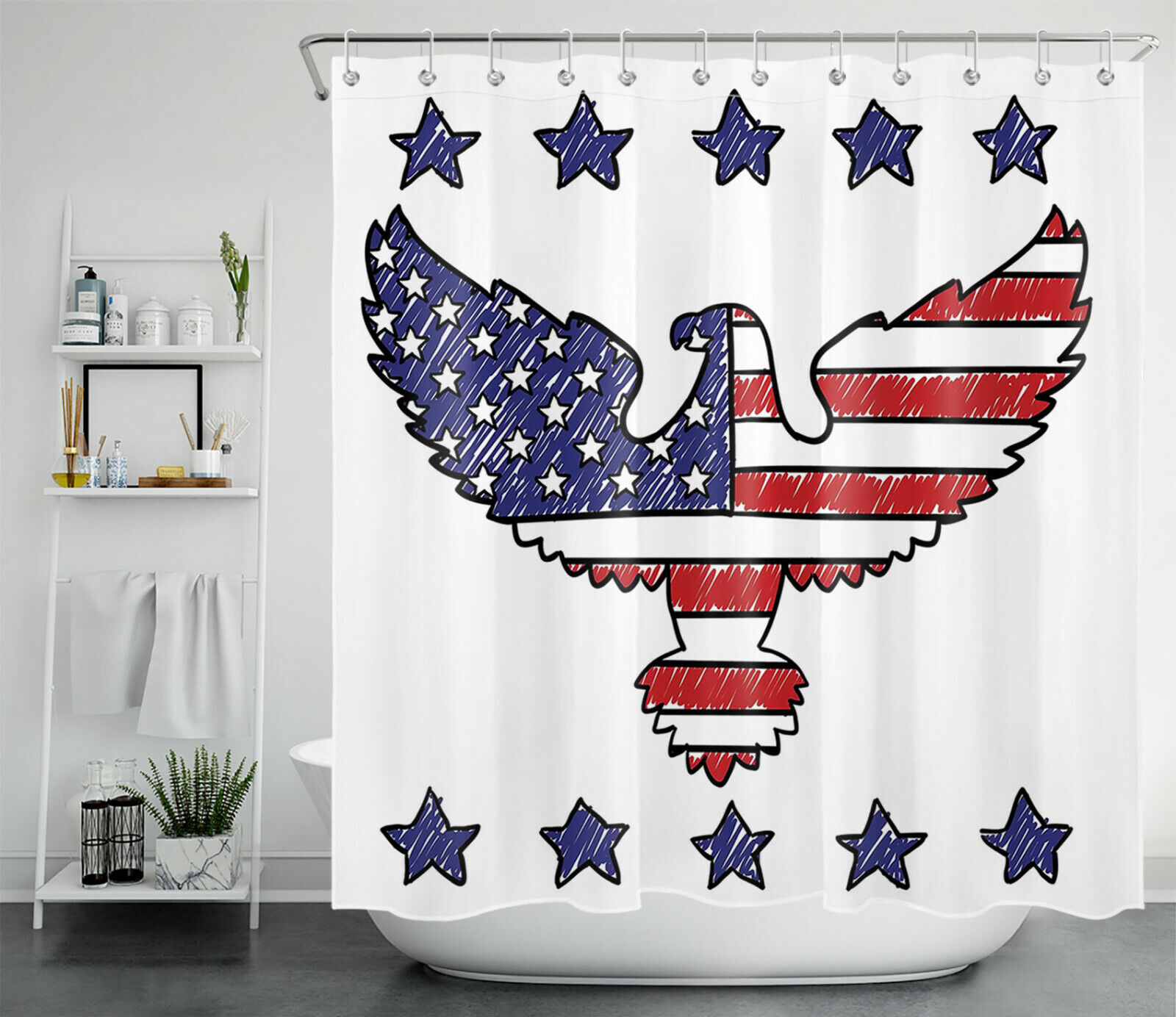 American Bald Eagle Blue Red Stars Stripe Bathroom Accessory Shower Curtain - Image 2