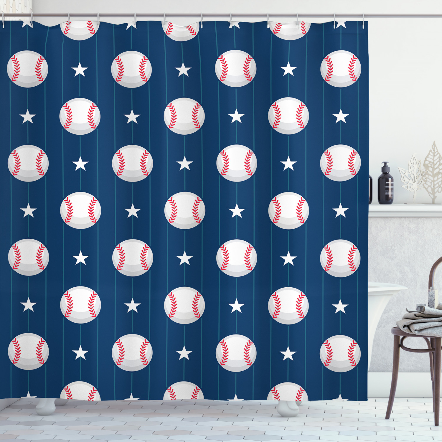 American Baseball Ball Pattern Stars Decor Sport Design Print Shower Curtain For Bathroom