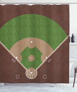 American Baseball Field Shower Curtain, Cloth Fabric Bathroom Decor in Grass Print with White Markings in Lime Green