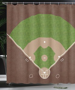 American Baseball Field Shower Curtain, Cloth Fabric Bathroom Decor in Grass Print with White Markings in Lime Green