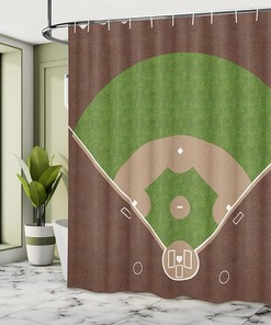 American Baseball Field Shower Curtain, Cloth Fabric Bathroom Decor in Grass Print with White Markings in Lime Green