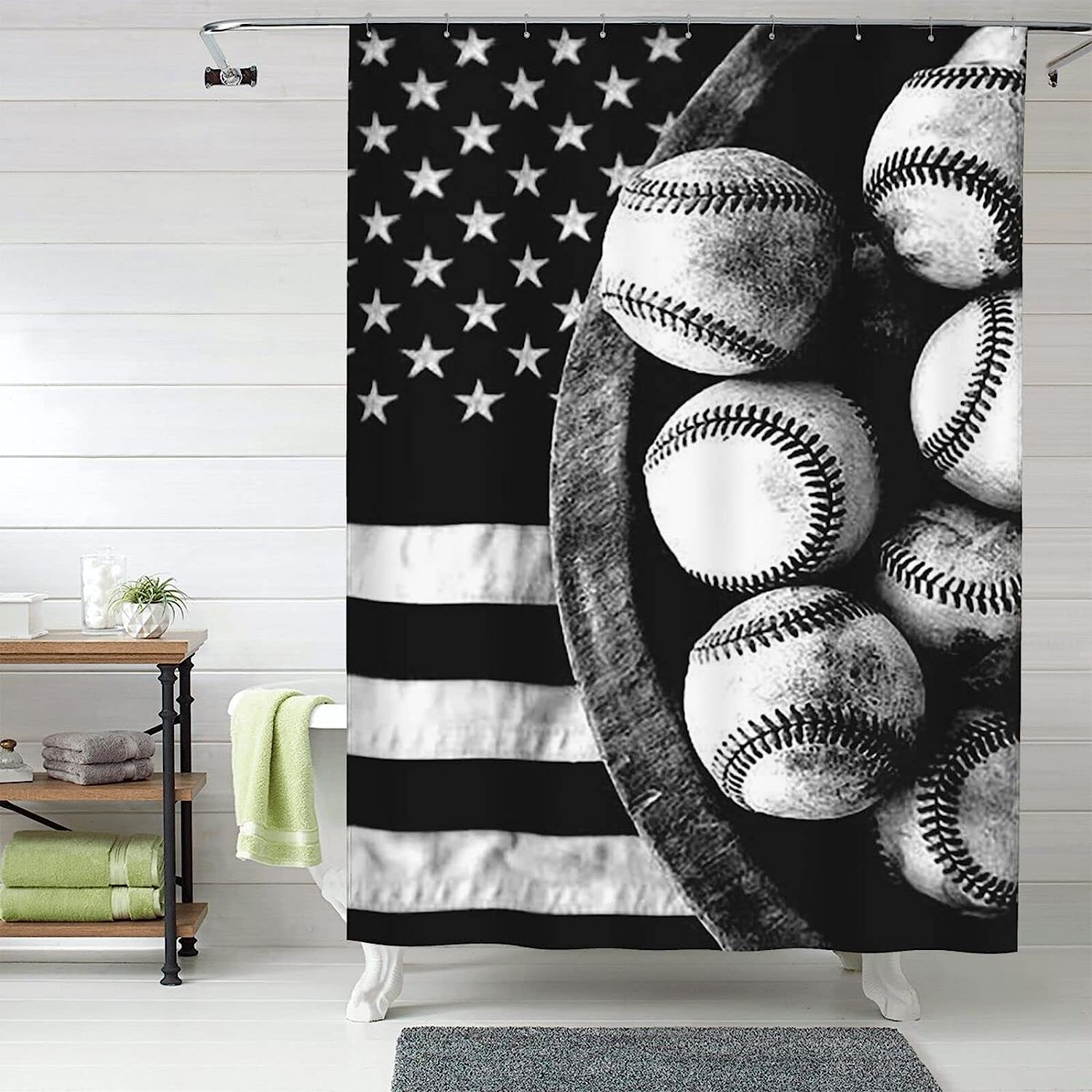 American Baseball Flag Shower Curtain for a Sports Enthusiast Bathroom