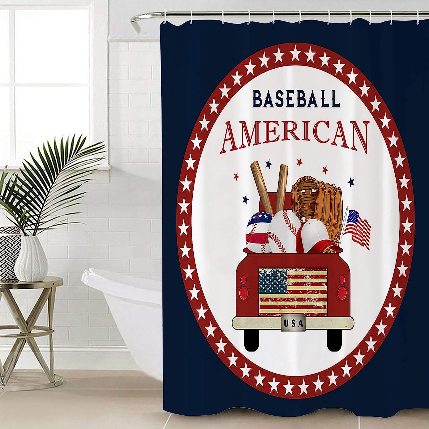 American Baseball Red Truck Stars Circle Black Shower Curtain for Home Decor