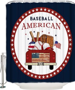 American Baseball Red Truck Stars Circle Black Shower Curtain for Home Decor