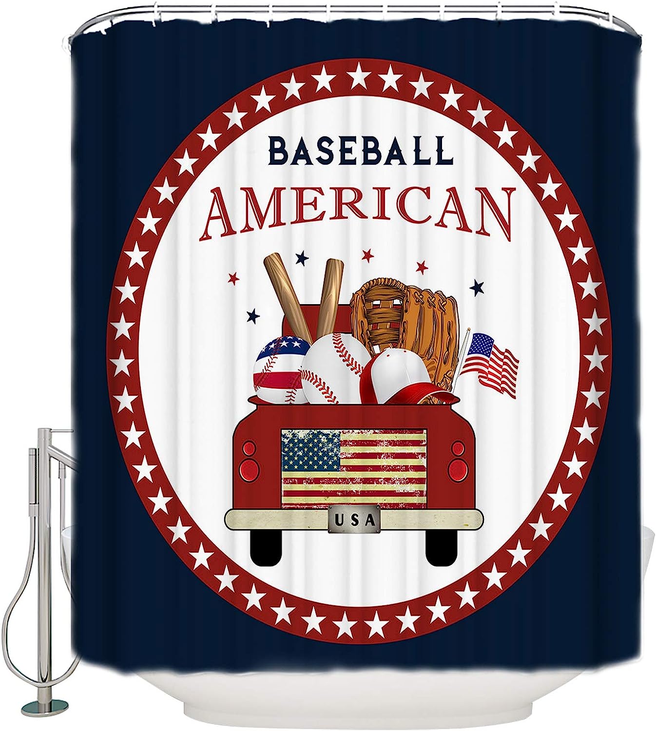 American Baseball Red Truck Stars Circle Black Shower Curtain for Home Decor