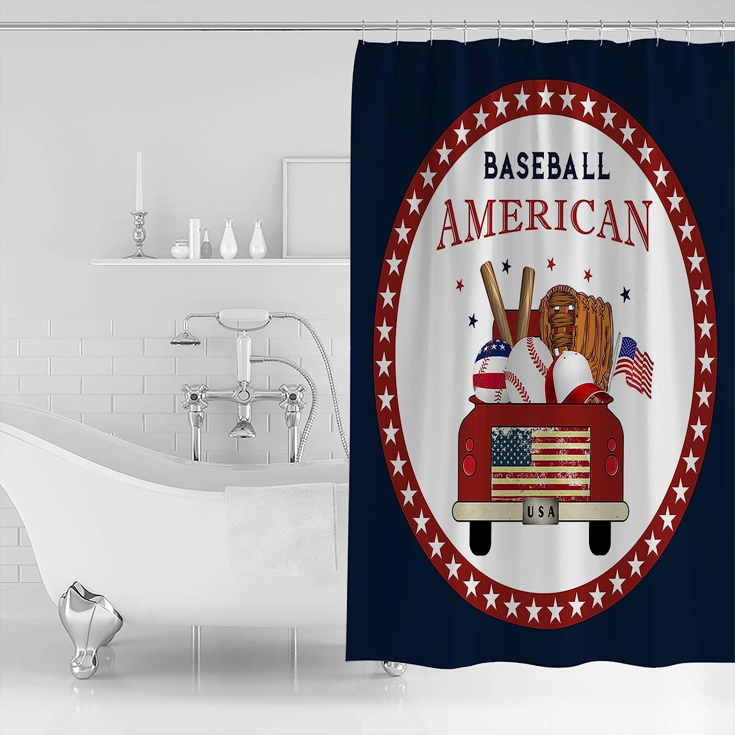 American Baseball Red Truck Stars Circle Black Shower Curtain for Home Decor