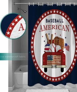 American Baseball Red Truck Stars Circle Black Shower Curtain for Home Decor