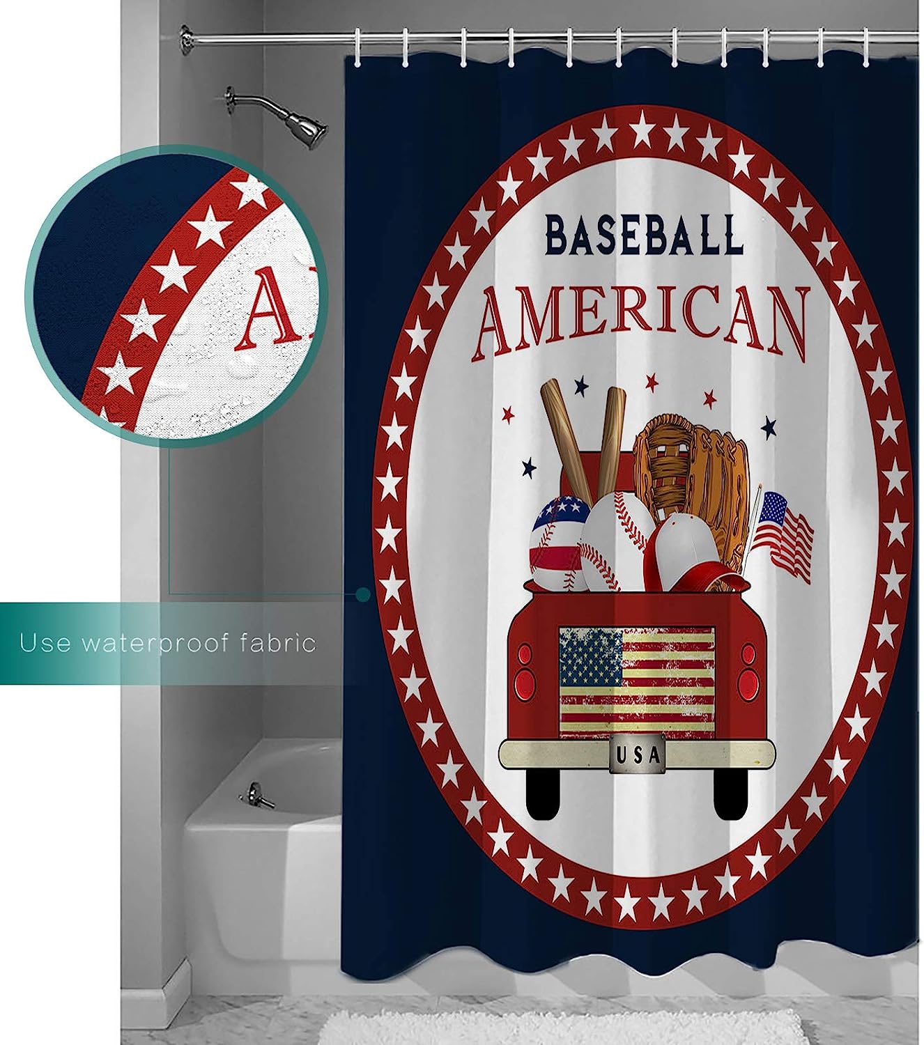 American Baseball Red Truck Stars Circle Black Shower Curtain for Home Decor