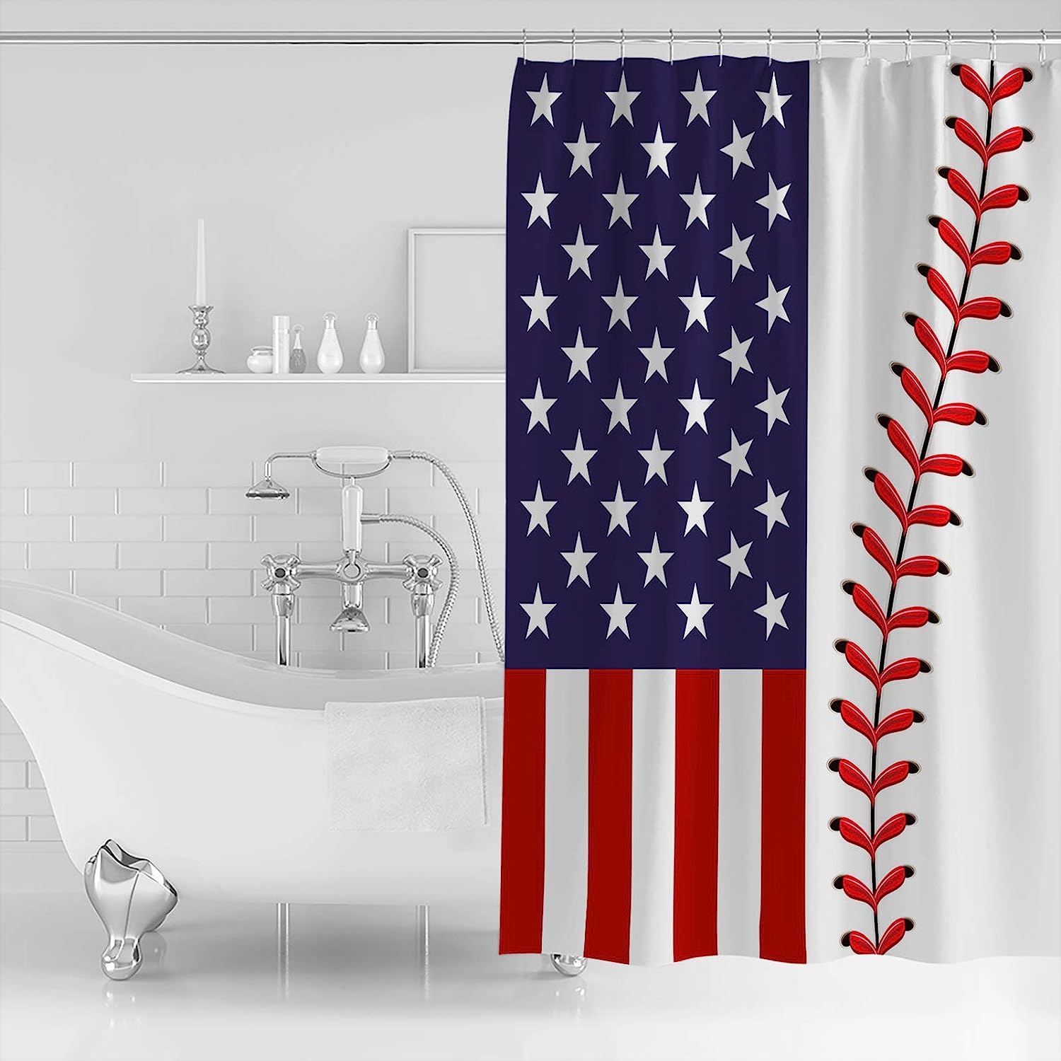 American Flag Baseball Design Shower Curtain for Winter Bathroom Decor