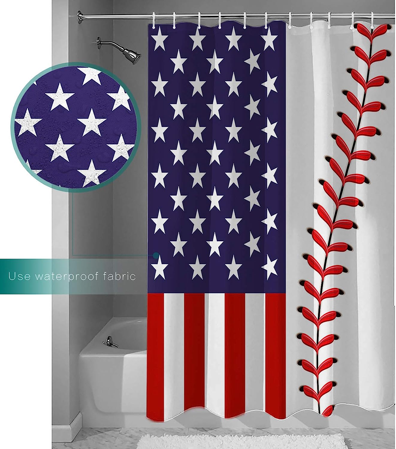 American Flag Baseball Design Shower Curtain for Winter Bathroom Decor