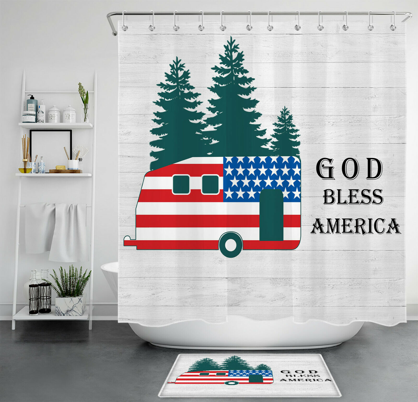American Flag Camper Rv Farmhouse Camping Bathroom Shower Curtain