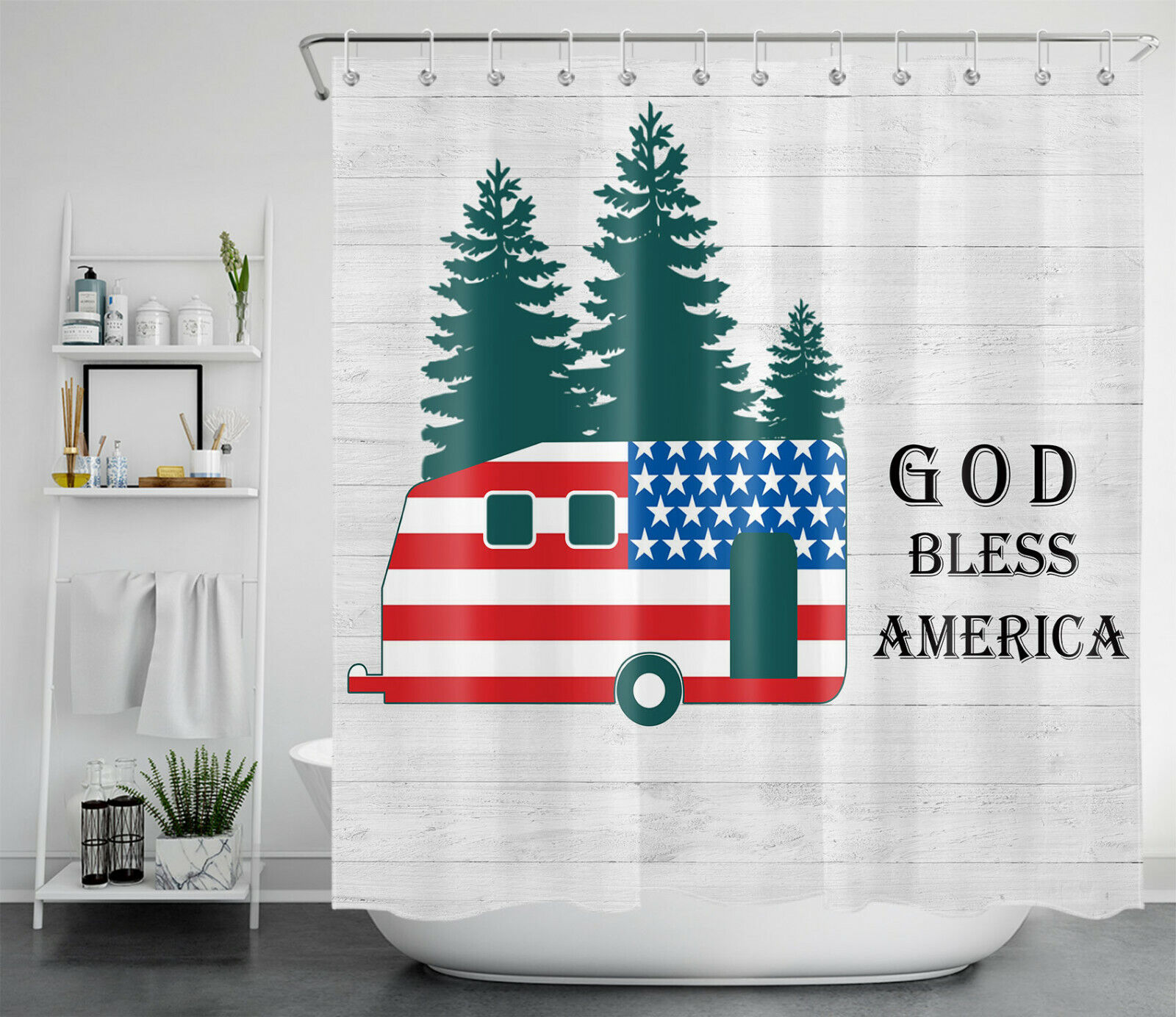 American Flag Camper Rv Farmhouse Camping Bathroom Shower Curtain