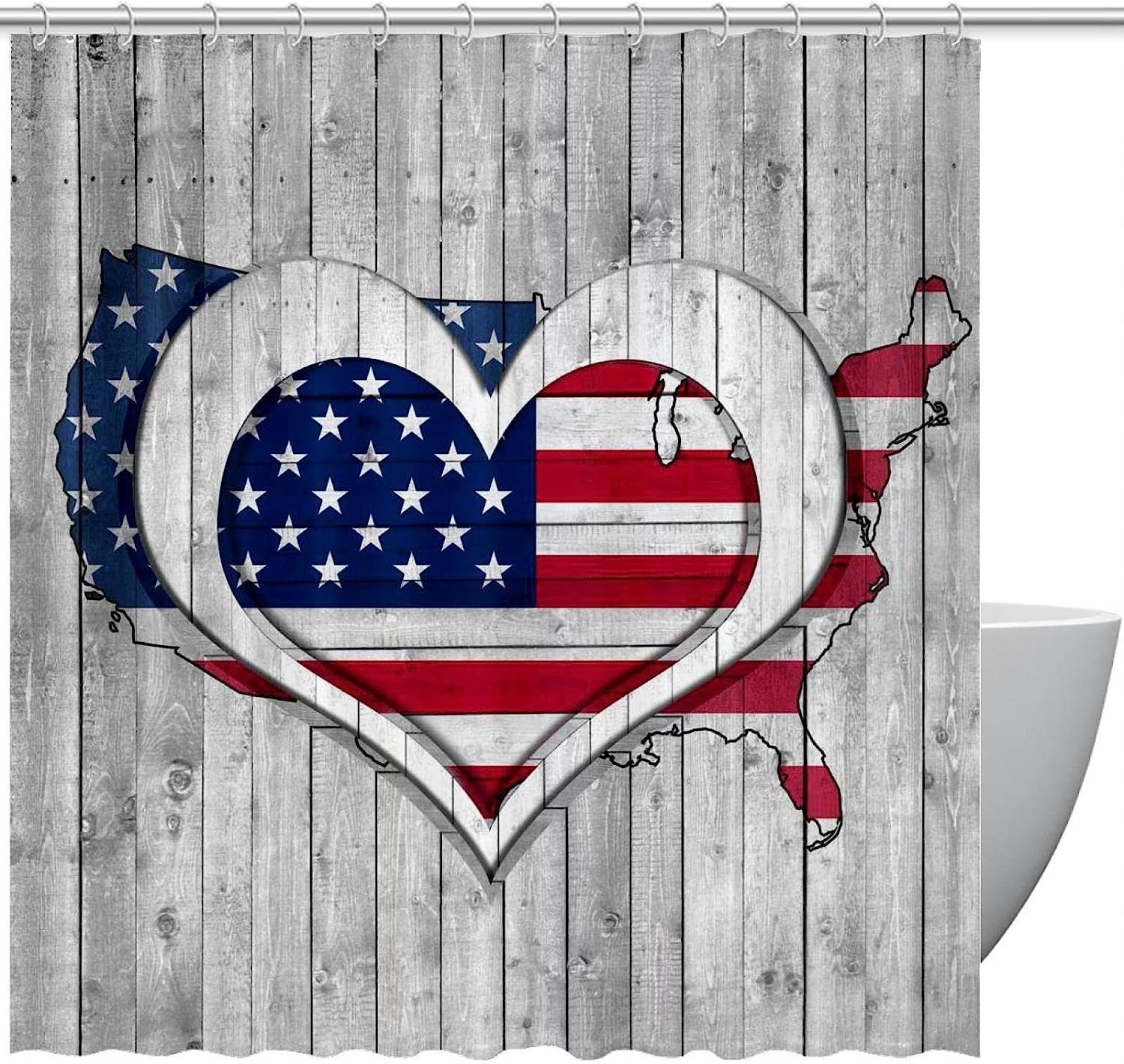 American Flag Map Wooden Heart Best Shower Curtain for Bathroom