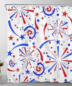 American Flag and Firework Star Print Shower Curtain for Independence Day Bathroom