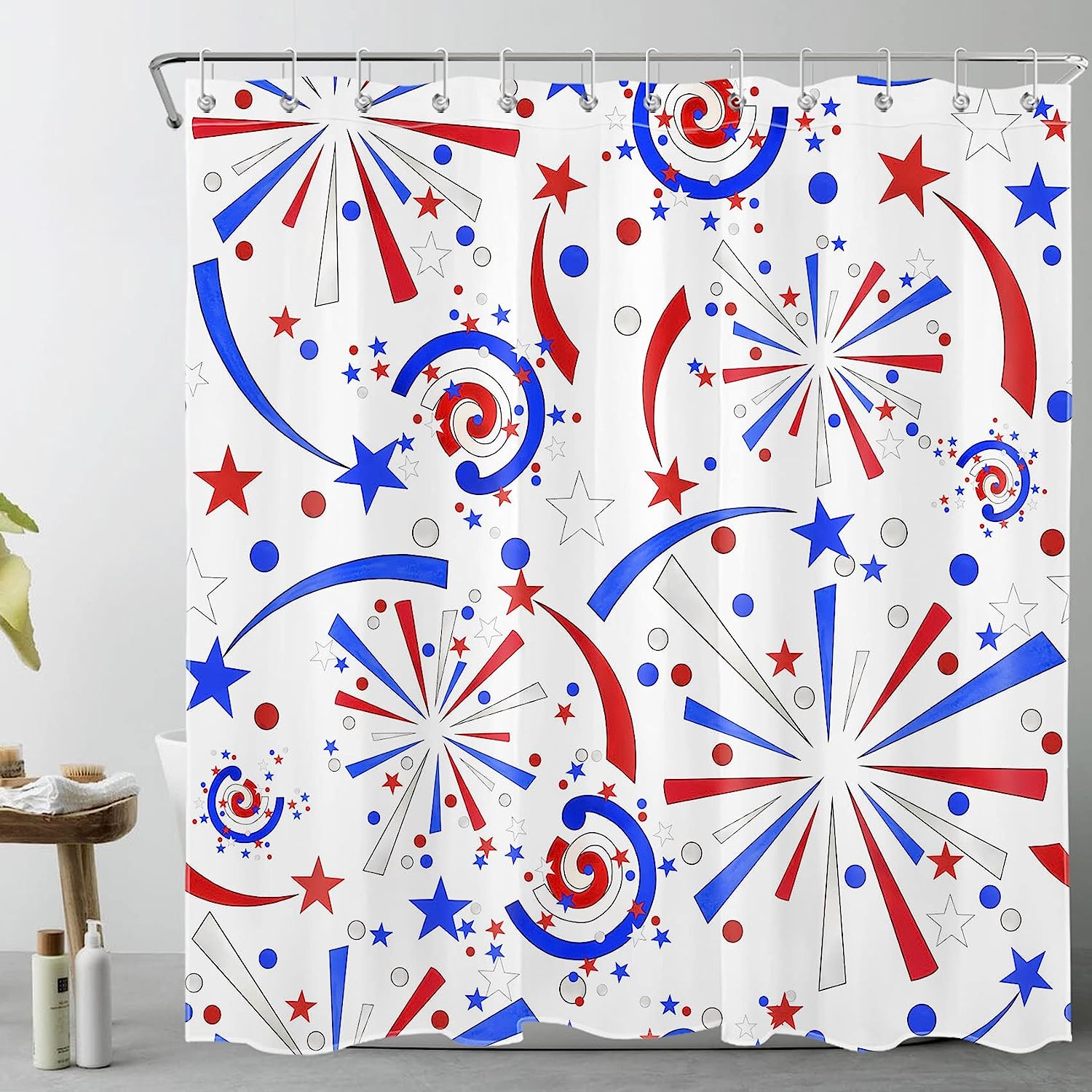 American Flag and Firework Star Print Shower Curtain for Independence Day Bathroom