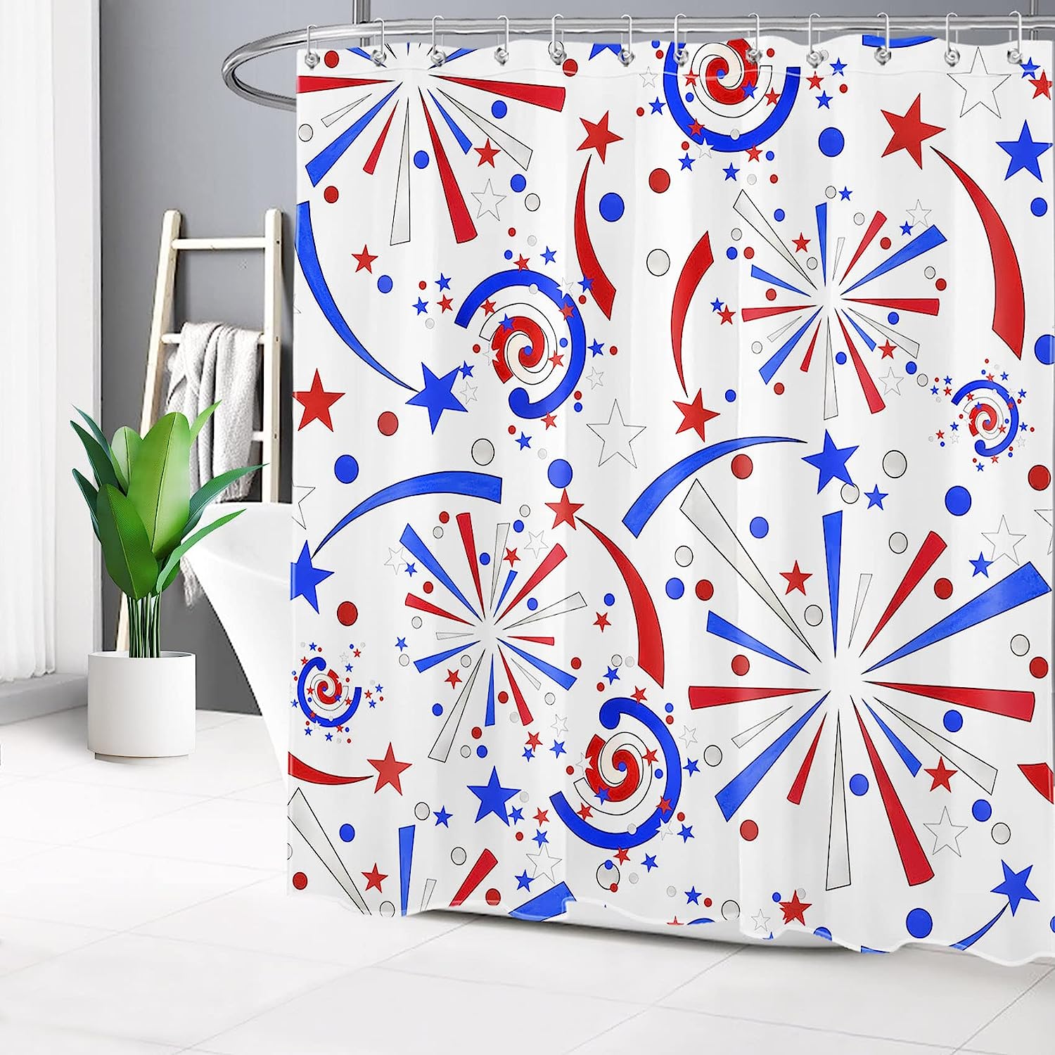 American Flag and Firework Star Print Shower Curtain for Independence Day Bathroom