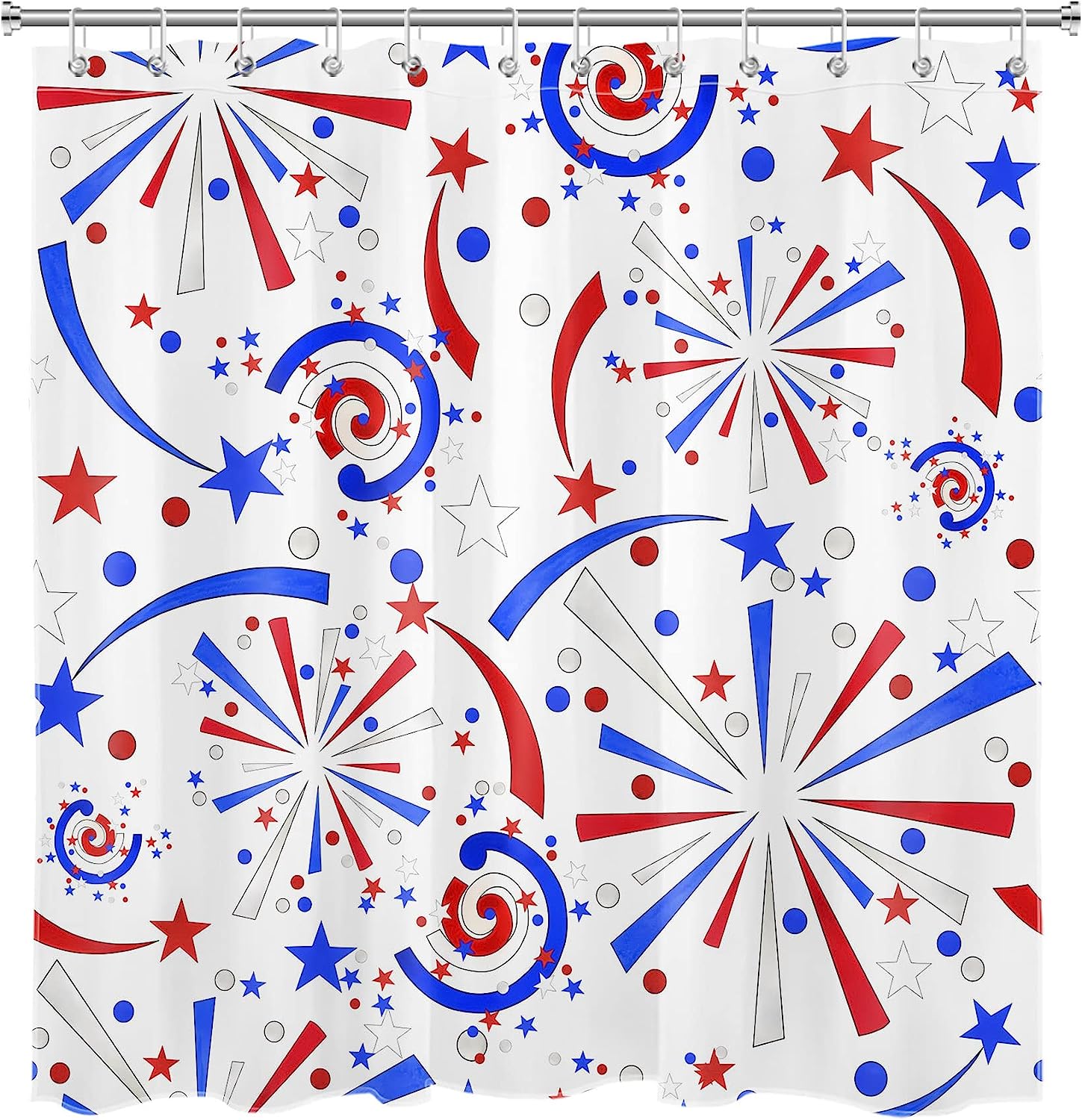 American Flag and Firework Star Print Shower Curtain for Independence Day Bathroom