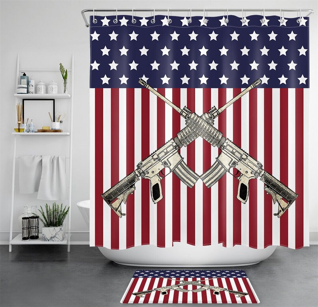 American Flag and Rifle Guns Shower Curtain - Patriotic Bathroom Decor