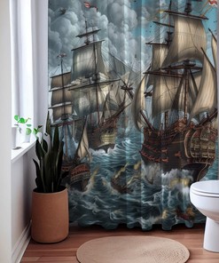 American Pirate Adventure Nautical Shower Curtain, perfect Housewarming Gift with Ocean Sea Battle Theme