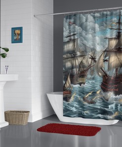 American Pirate Adventure Nautical Shower Curtain, perfect Housewarming Gift with Ocean Sea Battle Theme