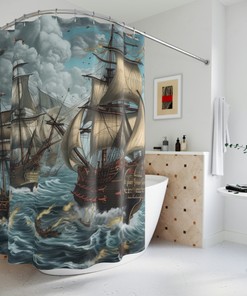 American Pirate Adventure Nautical Shower Curtain, perfect Housewarming Gift with Ocean Sea Battle Theme