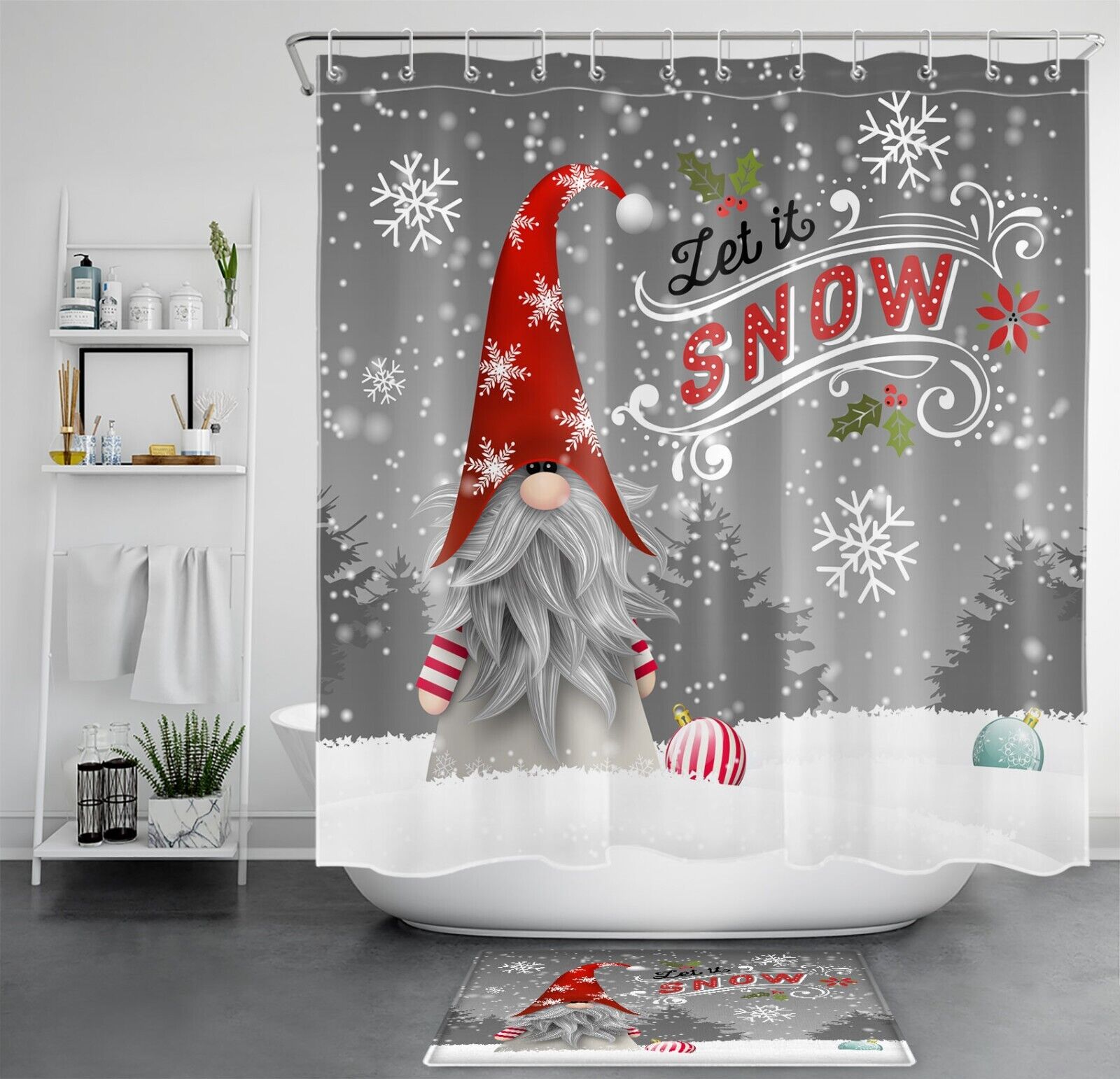 Amusing Gnome and Snowflake Merry Christmas Print Shower Curtain Bathroom Decor
