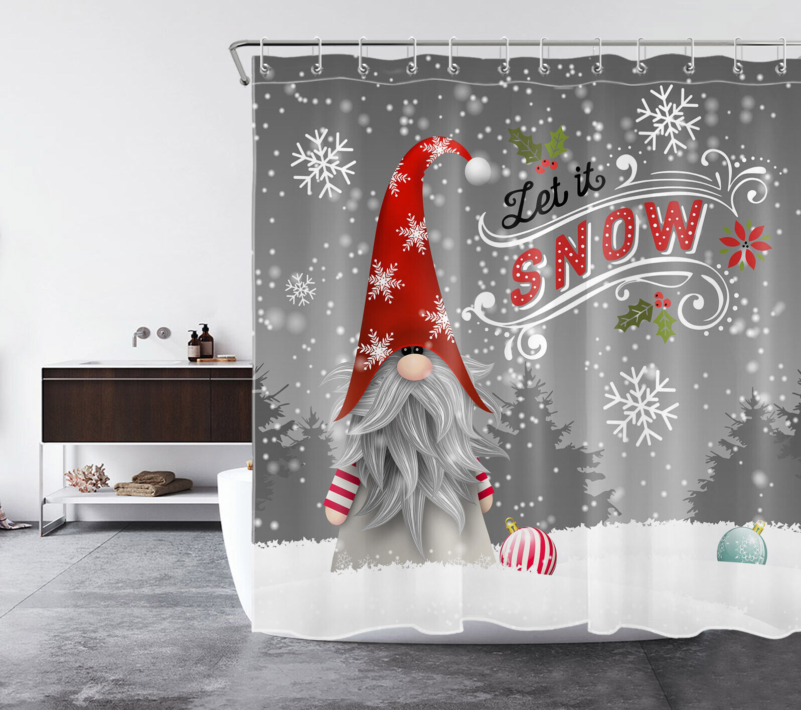 Amusing Gnome and Snowflake Merry Christmas Print Shower Curtain Bathroom Decor