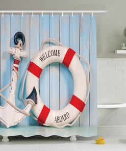 Anchor And Stripe Lifebuoy Fabric Bathroom Shower Curtain Nautical Beach House Decor