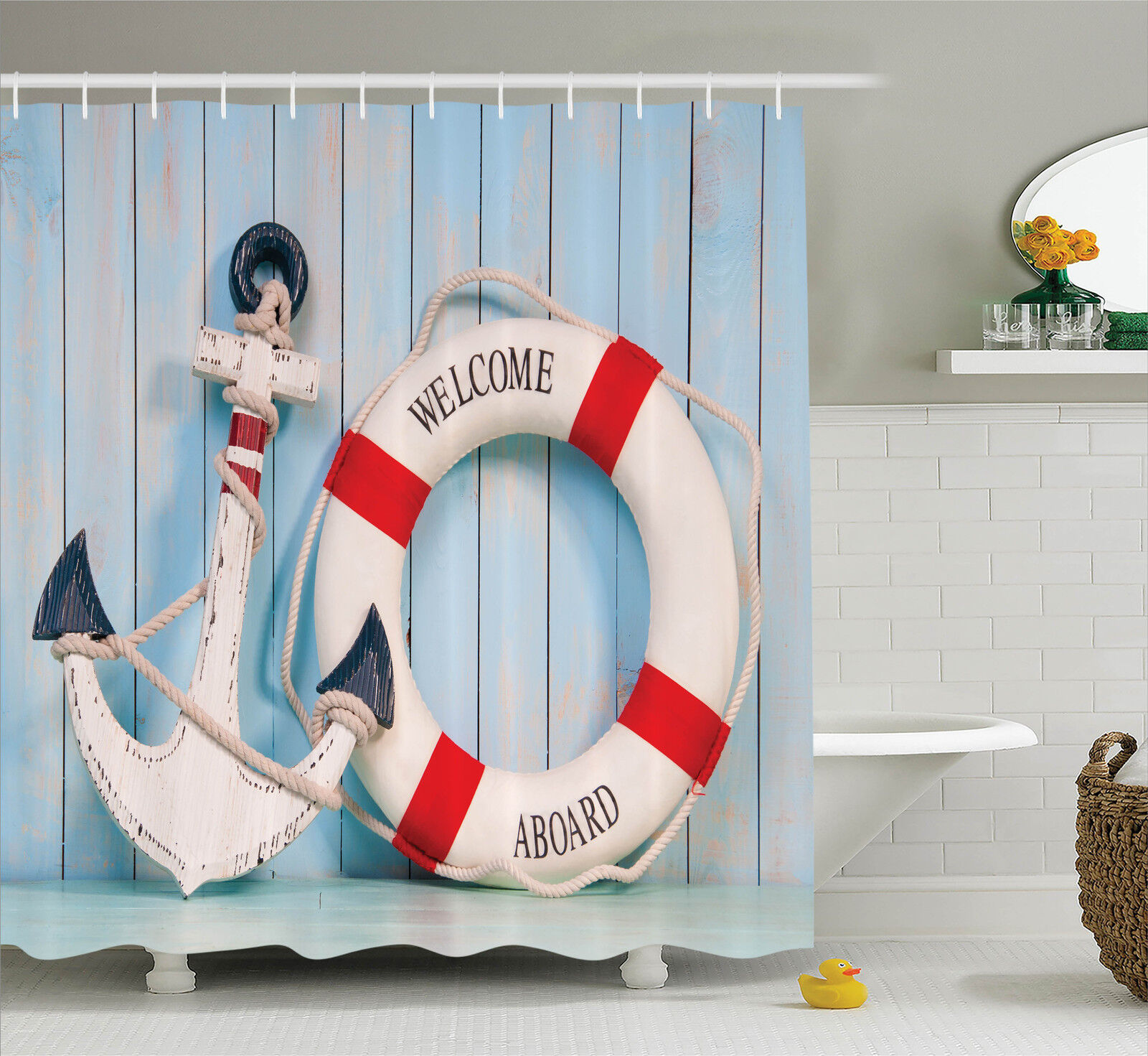 Anchor And Stripe Lifebuoy Fabric Bathroom Shower Curtain Nautical Beach House Decor