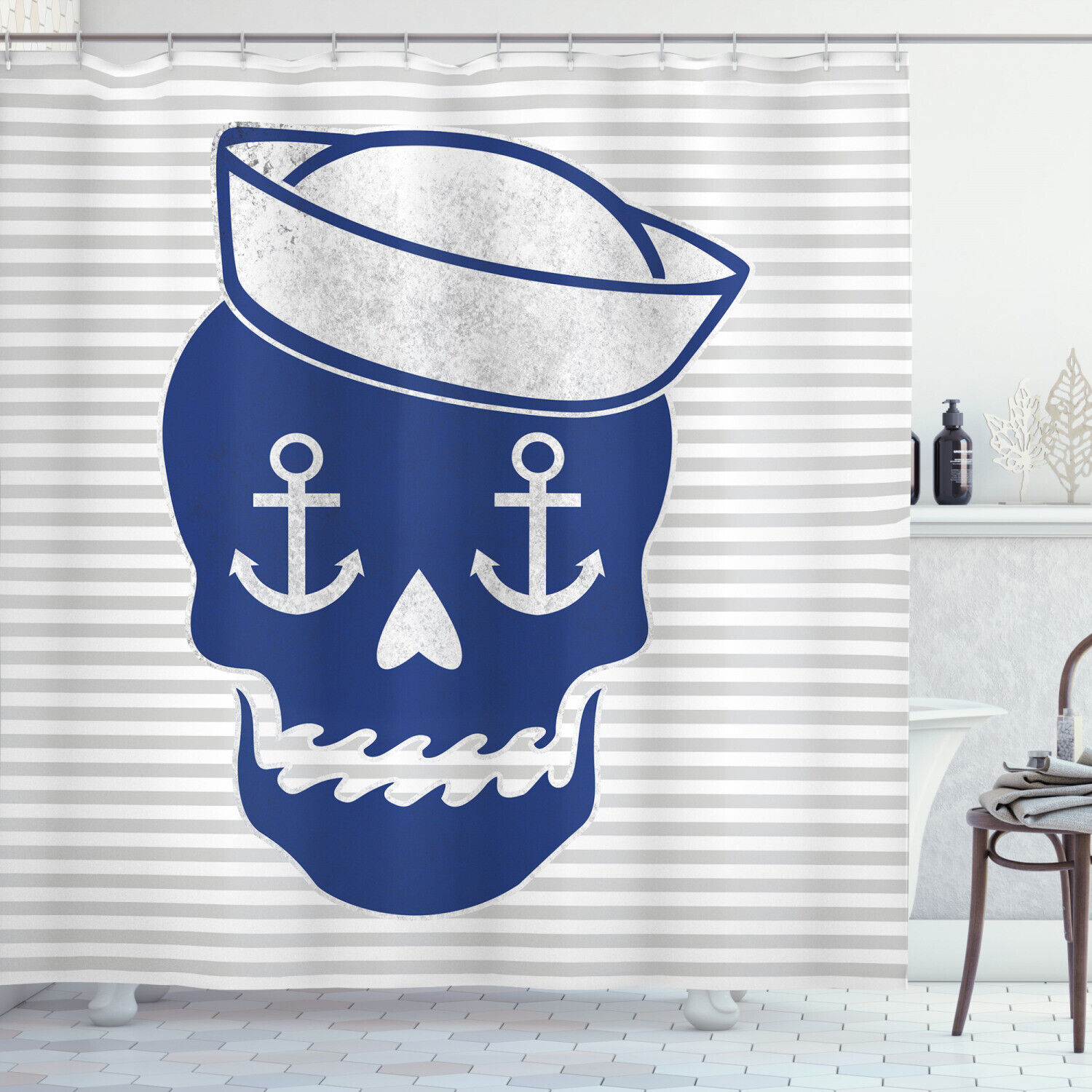 Anchor Captains Hat Skull Fabric Shower Curtain - Nautical Skull Bathroom Decor