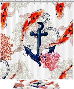 Anchor Corals Shower Curtain with Koi Fish Design, Waterproof Fabric for Bathroom