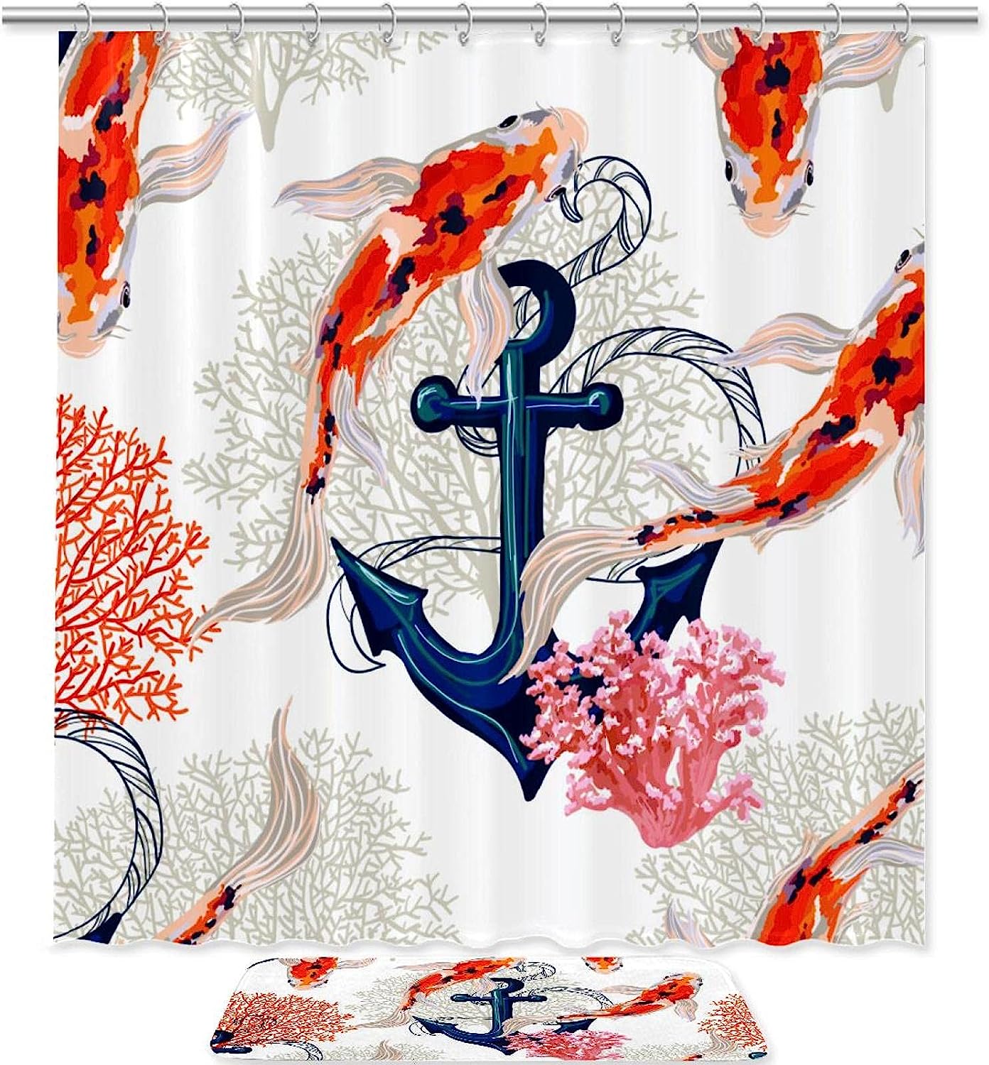 Anchor Corals Shower Curtain with Koi Fish Design, Waterproof Fabric for Bathroom