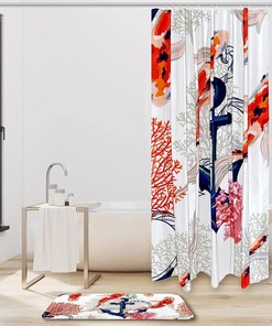 Anchor Corals Shower Curtain with Koi Fish Design, Waterproof Fabric for Bathroom