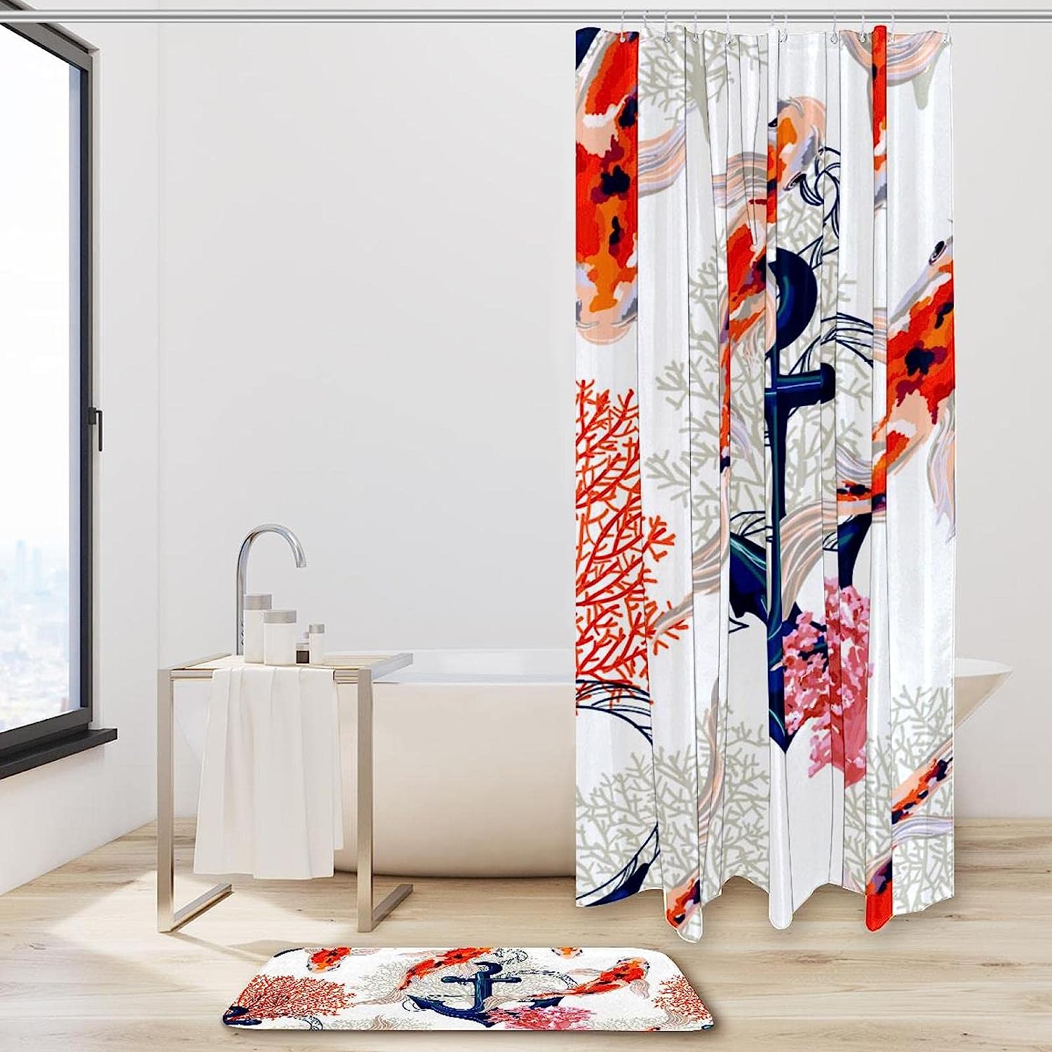 Anchor Corals Shower Curtain with Koi Fish Design, Waterproof Fabric for Bathroom