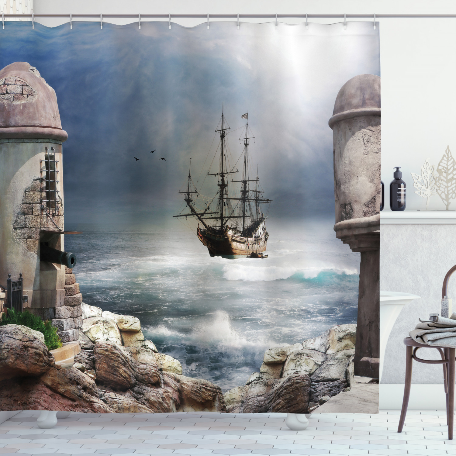 Anchor Lighthouse Pirate Ship Shower Curtain for Ocean Lovers